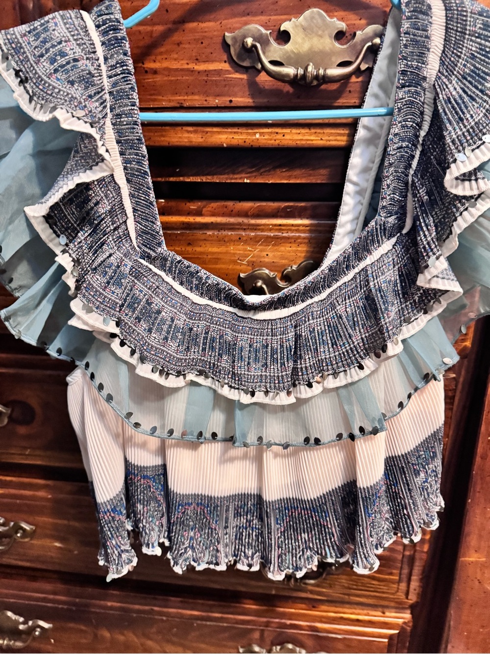 Anthropologie Smocked Ruffle Layered Blouse in Shades Of Blue and White - Picture 5 of 7